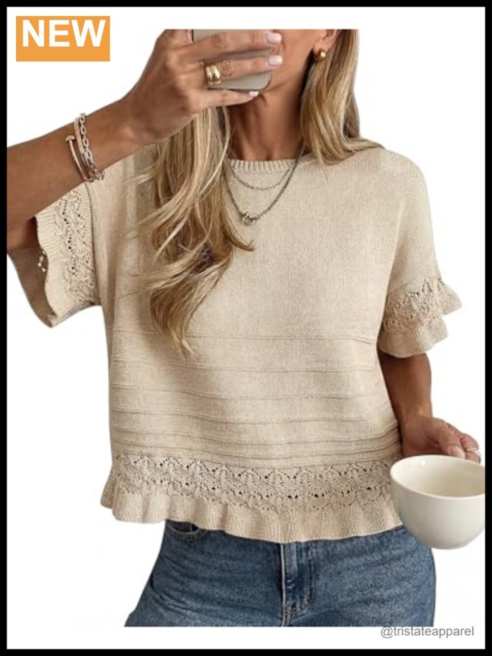 Women's Short Sleeve Ruffle Hem Knit Crochet Pullover Sweater